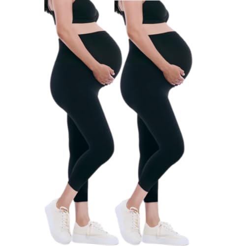 Image of Motherhood Maternity Women's Essential Stretch Secret Fit Over The Belly Pregnancy Crop Capri Legging-2 Pack