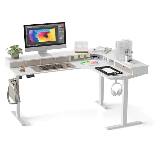 Image of CubiCubi L Shaped Standing Desk with Drawers 63 x 48 Inch Adjustable Height, Electric Corner Desk with Storage, Sit Stand Home Office Desk with Splice Board, White