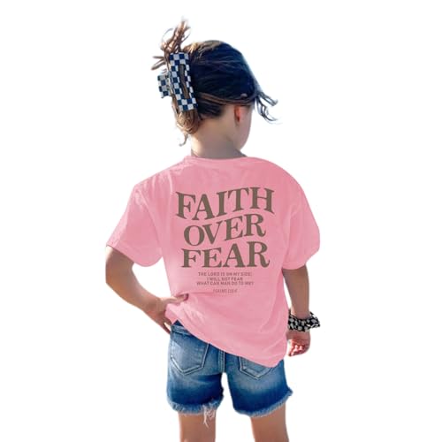 Image of Faith Over Fear Shirt Christian Jesus Tshirts for Girls Religious Inspirational Tees Bible Verse Tops for Kids 3-12