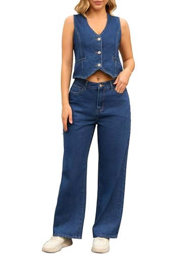 Women's Denim Set 2 Piece Outfits V Neck Sleeveless Matching Sets Wide Leg Jeans Waistcoat Jean Vest
