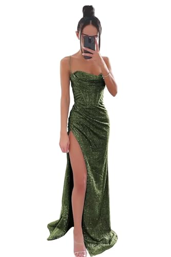 Fivsole Women's Long Satin Prom Dresses Spaghetti Straps Square-Neck Backless Formal Evening Party Gowns with Slit