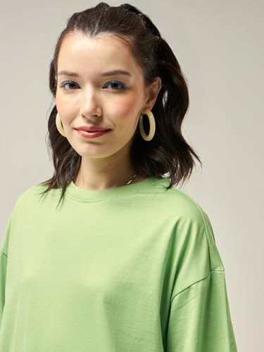 Image of Bewakoof Women's Solid Oversized Fit Half Sleeve Round Neck Cotton Jersey T-Shirt