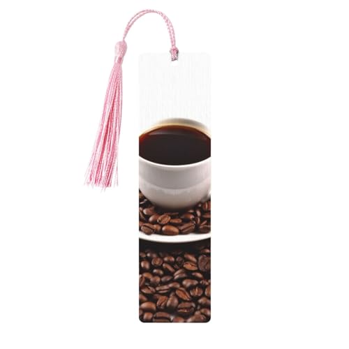 コーヒー豆&カップ木製しおり タッセルペンダント付き ユニーク ハンドメイド 木製 しおり ギフト クラフト ブックマーカー 本好き向け ページマーカー オーナメント 誕生日プレゼントに最適