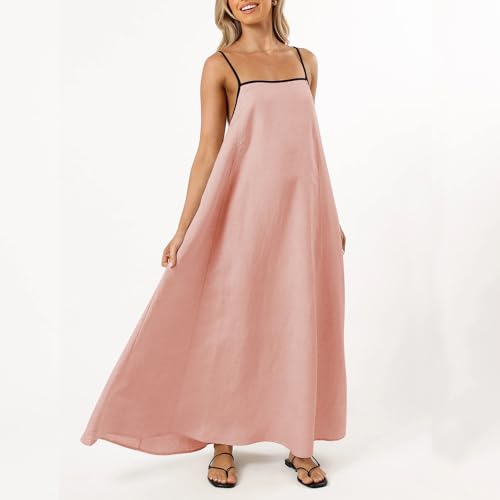Image of Senllen Women's Linen Dress Summer Loose Flowy Sundress Contrast Spaghetti Strap Sleeveless Backless Beach Maxi Long Dresses