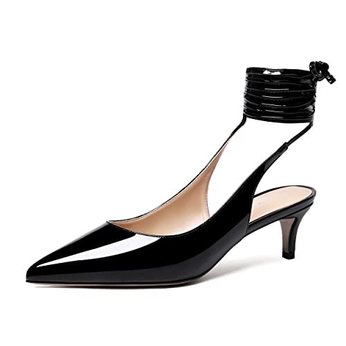 WAYDERNS Women's Pointed Toe Slender Wrap-Around Self Tie Patent Slingback Kitten Low Heel Pumps Shoes 2 Inch