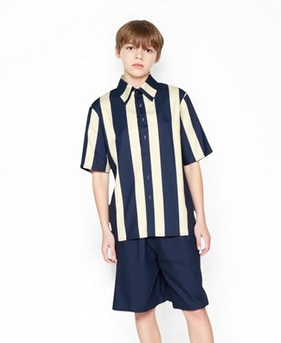 Image of Weecreeture Boys Summer 2 Piece Outfits - Short Sleeve Button Down Shirt & Shorts Set - Navy Blue Beige Striped for 13-14 Years