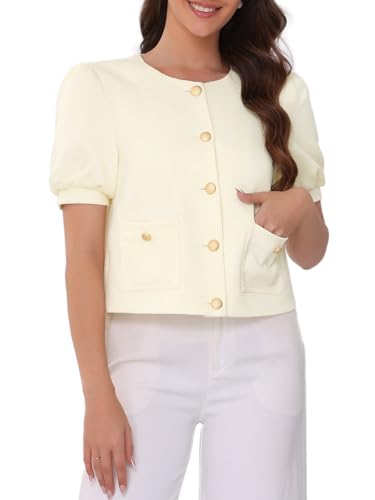 Veste d'été en tweed Allegra K chic pour femme avec manches bouffantes