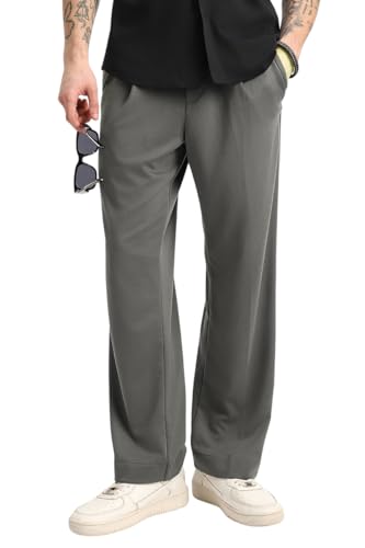Image of SNITCH Men Casual Trousers | Loose Fit Pleated Front Plain Wide-Leg Style | Lightweight Polyester Blend Medium-Stretch Fabric for Summer & All-Day Comfort Wear