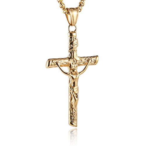 HZMAN Men Women Crucifix Cross Pendant Baptism Christian Jewelry Stainless Steel Jesus Necklace with 22+2“ Chain (Gold - A)