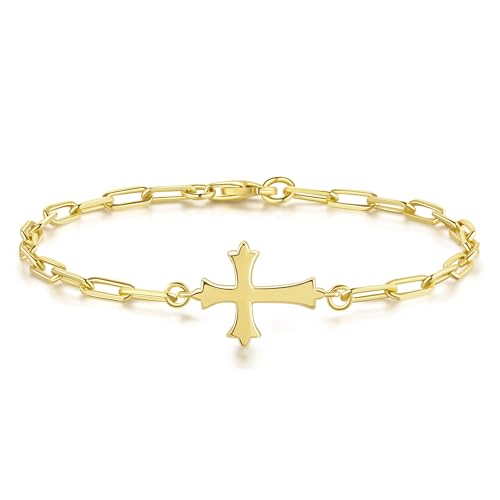 14K Gold Bracelets for Women Gold Chain Bracelets for Women Paperclip Bracelet for Womens Sleek Lines with Cross Element Womens Cross Bracelet 6.7/7.5/8.3 inches