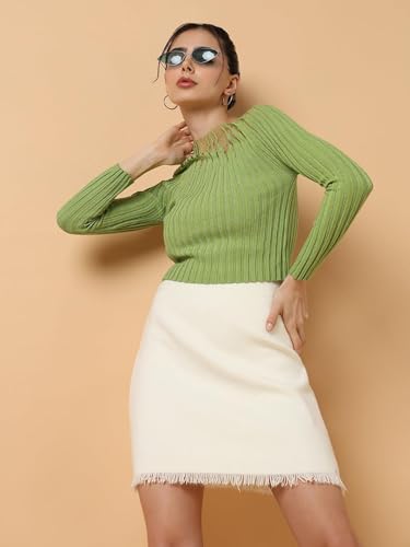 Image of ICW Women Knitted Rhinestone Embellised Daimond Studded Mesh Round Neck Long Sleeve Crop Top T-Shirt 206
