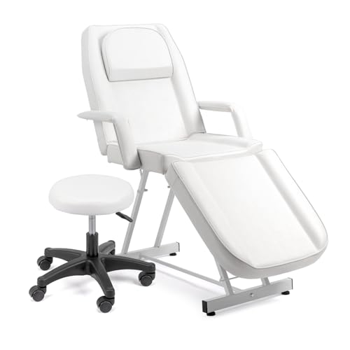 Bonnlo Professional Massage Table Tattoo Chair, Multi-Purpose 3-Section w/Adjustble Stool, Esthetician Bed Beauty Equipment for Spa Facial Waxing & Physical Therapy(White)