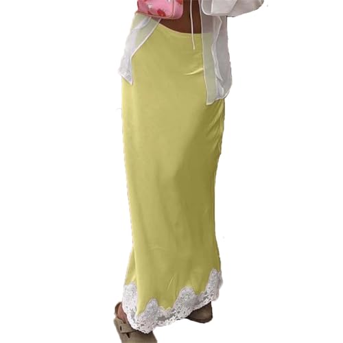 Women Elegant Pink Lace Casual Low Waisted Patchwork Skirts Streetwear Straight Ankle-Length Skirt