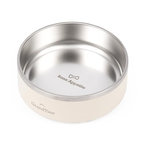 GrandTies Futternapf aus Edelstahl mit Gravur, wiederverwendbar, BPA-frei, isoliert, groß, robust, rutschfest, auslaufsicher, Wassernapf für den Außenbereich, 680 ml, Elfenbeinweiß