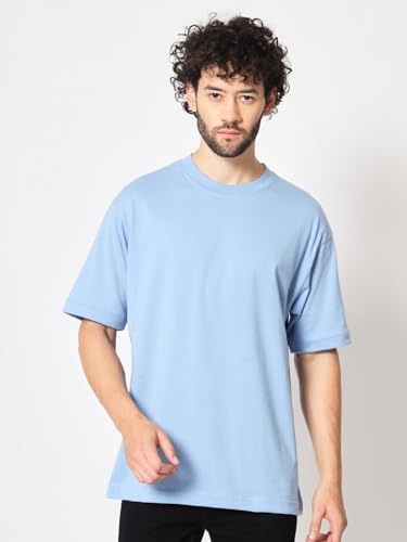 Image of crazymonk Oversized Baggy Fit Drop Shoulder Half Sleeves Round Neck Solid Pure Cotton T-Shirt for Men
