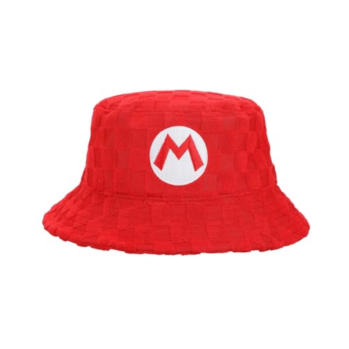 Super Mario Bros Mario Logo Mens Red Checkered Bucket Hat