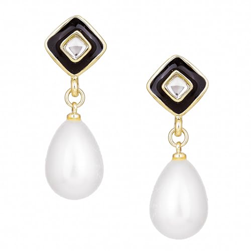 Estele Earrings for women Fashion Jewellery Gold Plated Classic Pearl Drop Earrings with Black Enamel for Girls and Women-588/704 ER (B08D7P9WDS) Amazon Price History, Amazon Price Tracker