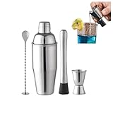 カクテル シェイカー セット ジガー バースプーン 付き ステンレス 4点セット 初心者 簡単 洗いやすい 家庭用 バー 道具