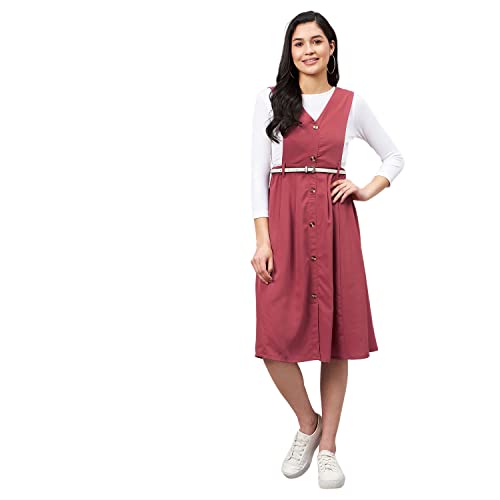 Image of WineRed Women Soild Pinafore Dress with Button
