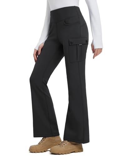 baleaf Women's Thick Fleece Lined Pants Flare Leg Winter Snow Water Resistant Cargo Pockets High Waisted Warm