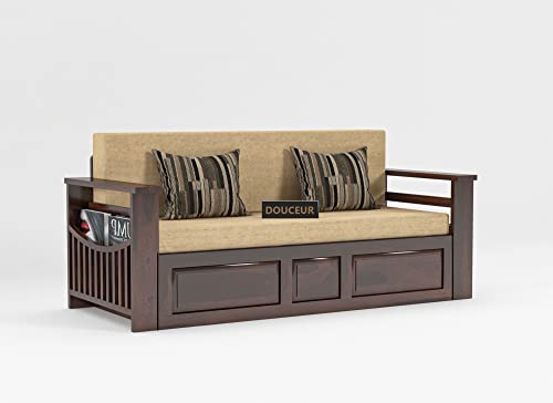 Image of Douceur Furnitures Solid Sheesham Wood Wooden Frame Three 3 Seater Sofa Cum Bed for Living Room,Hotels,Apartment & Hall | Finish Color - Walnut Finish | Cushion:-Beige