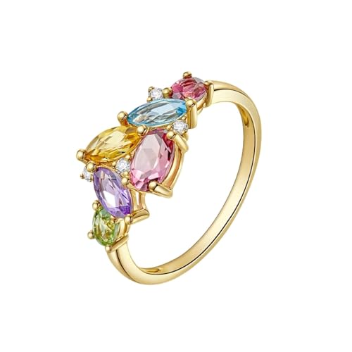 Anillos para mujer, delicado anillo para mujer marquesa y ovalada con piedras preciosas naturales y diamante de oro amarillo, 57 (18.1), Oro amarillo 9 quilates, Piedra preciosa natural