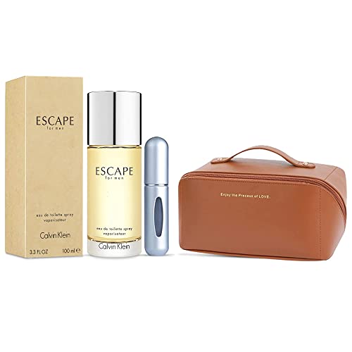 Escape Colong For Men Eau De Toilette Spray 3.4 Fl Oz - menâs Fragrance Gift Set Pack With Luxury Faux Leather Travel Toiletry Bag + Portable Travel Size Refillable Perfume Atomizer Bottle