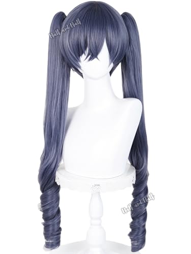 Half and Half Long Curly Deep Gray Blue Anime Ponytail