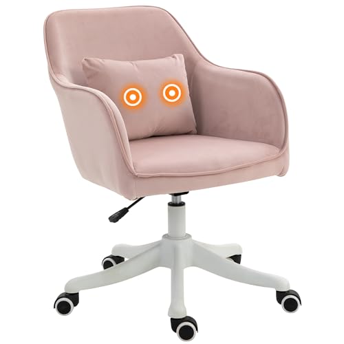HOMCOM Chaise de Bureau Velours Fauteuil Bureau massant Coussin Lombaire intégré Hauteur réglable pivotante 360° Rose poudré