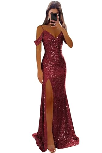 Sequins Off The Shoulder Prom Dress 2025 Mermaid Slit Ball Gown for Teens V Neck Formal Evening Dresses S-P066