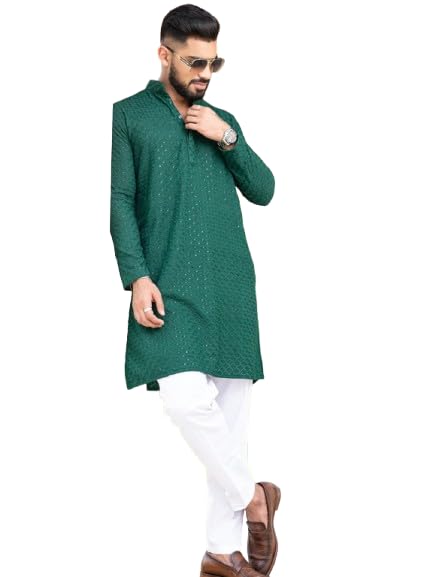 Image of Men's Floral Embroidered Cotton Rich Traditional and Lakhnavi Ethnic Wear Straight Partywear Kurta Set Pack Of 01.