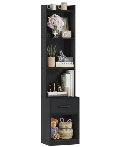 Image of Furologee 6 Tier Bookshelf with Drawer, Black 53 inch Tall Narrow Bookcase, Corner Open Cube Shelves, Industrial Wood Floor Standing Rack, Display Storage Shelf for Living Room, Bedroom, Office, Kitchen