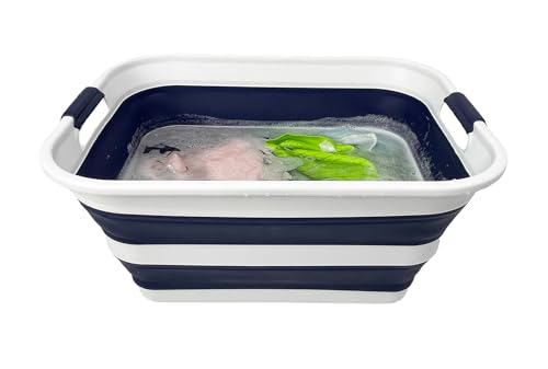 Image of SAMMART Collapsible Plastic Laundry Basket with Handle /Foldable Pop Up Storage Hamper /Portable Laundry Organizer-Space Saving Washing Tub /Household Storage (White /Starry Blue, 42L (Set of 2))