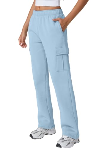 Image of QINSEN Baggy Medium Waist Elastic Sweatpants for Womens Casual Long Fleece Cargo Pants with Pockets