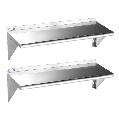 ROCKPOINT Stainless Steel Shelf 14 x 48 Inches 380lb, 2 Pack NSF Commercial Wall Mount Floating Shelving with Backsplash for Restaurant, Kitchen, Home and Hotel, Silver