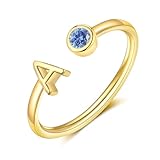 FUNEIA Initial Birthstone Rings for Women Non Tarnish Trendy Stackable Dainty Gold Letter Adjustable Emerald Green Cubic Zirconia Ring for Mothers Daughter Birthday Bridesmaid Gifts Jewelry