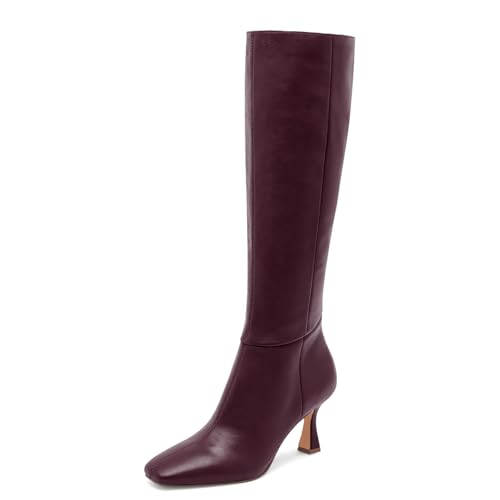 Image of Dsevht Black Leather Knee High Boots for Women Stiletto Kitten Heeled Sexy Boots Square Toe and Side Zipper Design Fashion Dress Boots