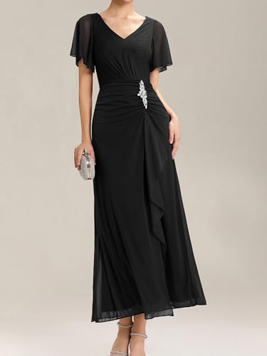 Ever-Pretty Women's V-Neck Pleated Short Sleeves Rhinestone Maxi Slit Mother of The Bride Dresses 023234