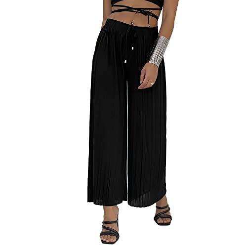 Damen Plissee Relaxed Wide Leg Smart Casual Palazzo Hose - Schwarz Khaki...