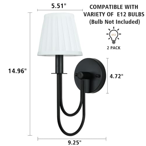 Image of Black Wall Sconces Set of Two, Modern Wall Lamps with White Pleated Shade | Industrial Wall Light Fixtures for Bedroom Living Room Hallway Bathroom Vanity