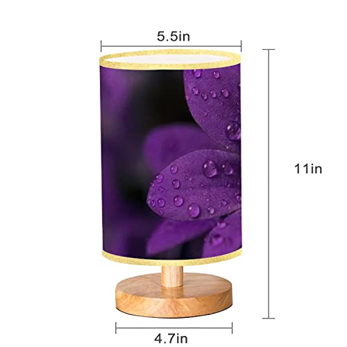 Vbijscdh Linen Fabric Shade Wood Base Table Lamp Rain Drops On Purple Flower Dimmable Bedside Table Lamp Solid Wooden Simple Lamp For Bedroom Living Room Office Study #TOP2