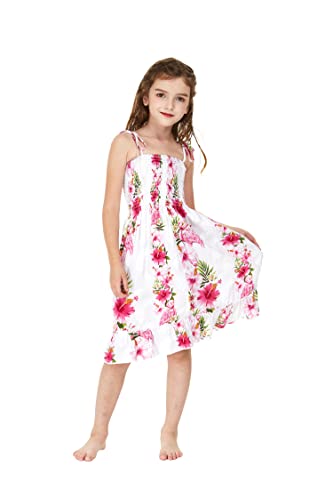 Girl Hawaiian Elastic Top Strap Dress in Pink Hibiscus Vine