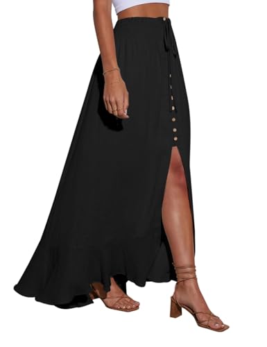 Women's Boho Elastic Tie Waist Button Down Maxi Skirt - Casual Loose Flowy Swing Slit Front Long Skirt2