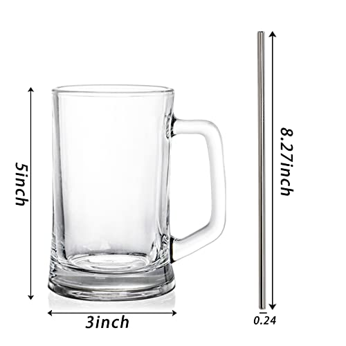SOUJOY 8 Pack Glass Stein, 12 Oz Clear Freezer Beer Cup with Handle and Straw, Heavy Duty Drinking Glass for Beverages