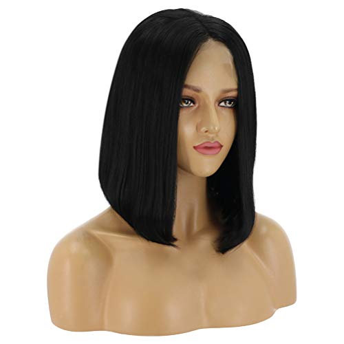 Lurrose Peruca feminina moda cabelo reto curto peruca preta até o ombro peruca headgear natural que