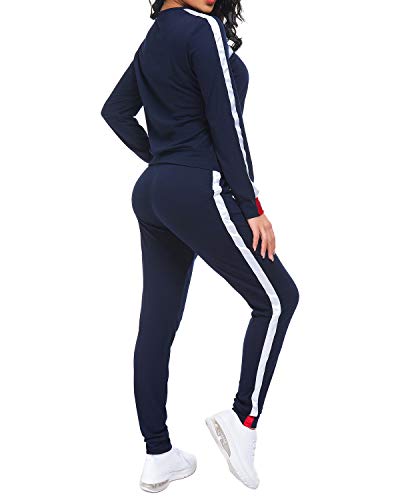 Unifizz Women Stripe Patchwork Two Piece Sweatsuit Round Neck Pullover And Skinny Long Pants Blue S #TOP3
