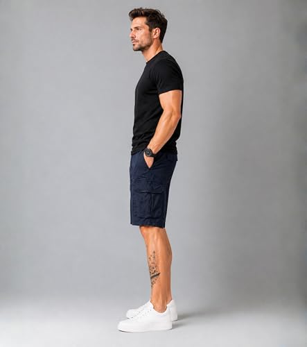 Image of L'MONTE Men's Imported Cotton Casual Relaxed Fit Outwear Cargo Shorts with Expandable Elastic Waist and Multi Pockets