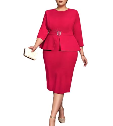 Image of ONTINVA Plus Size Dress for Curvy Women Midi Church Wear to Work Bodycon Vintage Peplum 3 /4 Sleeve Sheath Pencil Dress