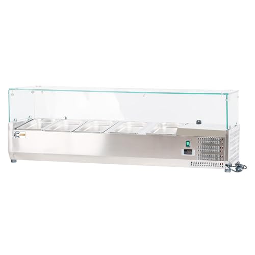 Cleiton® Vitrina de Ingredientes Refrigerada 140x39x44 cm de Acero Inoxidable 5 Cubetas GN 1/3 | Nevera de Ingredientes con Termostato Digital Dixell | Mostrador Vitrina refrigeradora