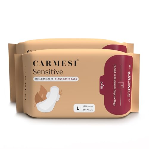Image of Carmesi Sensitive Sanitary Pads - 60 Pads (Large) - Certified 100% Rash-Free By Gynecologist - Natural Plant Top Sheet - No Fragrance, No Chlorine - With Disposal Bags, Pack Of 2